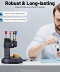Watchmaker using Hand Setting Press For Watchmakers And Needle Installation, Parallel Hand Fitting Kit on bench.