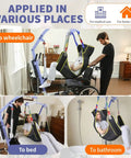 Super Cool And Durable Full Body Mesh Patient Lift Sling For Electric Ceiling Hoists With Quick Dry Breathable Fabric And 500 Lb Capacity For Easy Elderly Transfer, shown in use transferring to wheelchair and bed.
