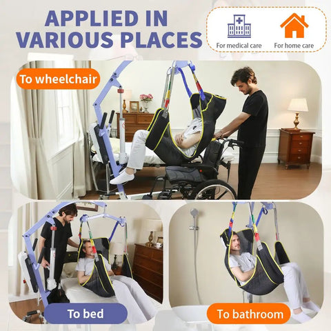 Super Cool And Durable Full Body Mesh Patient Lift Sling For Electric Ceiling Hoists With Quick Dry Breathable Fabric And 500 Lb Capacity For Easy Elderly Transfer, shown in use transferring to wheelchair and bed.