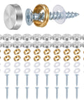 Heavy Duty Mirror Screw Caps With Stainless Steel Decorative Hardware Slick Silver Covers And Copper Silicone Washers Top Shelf Furniture And Glass Sign Fittings Built Like A Tank, assorted caps and washers.