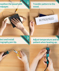 Guide steps showing how to use 14 In 1 Wood Burning Kit With Adjustable Temperature Pen Heat Deflector Rubber Grip 10 Tips Two Wood Pieces Flip Up Stand Pro Grade For Woodworking And DIY Pyrography Projects
