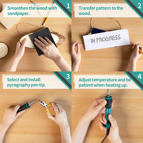 Guide steps showing how to use 14 In 1 Wood Burning Kit With Adjustable Temperature Pen Heat Deflector Rubber Grip 10 Tips Two Wood Pieces Flip Up Stand Pro Grade For Woodworking And DIY Pyrography Projects