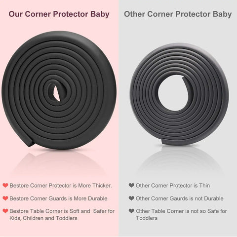 Worry Free Baby Proofing Corner Guards And 20.5 FT Furniture Bumper Strips With Squishy Foam Padding comparison image showing thick and thin corner protectors.