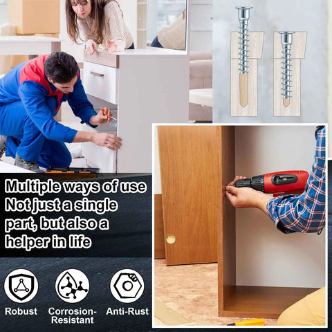 100 Pack 7mm By 50mm Confirmat Screws for wood cabinets and DIY projects with usage examples and installation tools