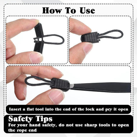 How to use 50 Pack No Tie Shoe Lace Clips With Paracord End Caps And Zipper Pulls, black clip opened with flat tool