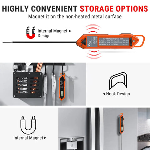 Waterproof Instant Read Meat Thermometer with 5.4 Inch Stainless Steel Probe showing magnet and hook storage options.
