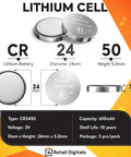Image of Straight Up Reliable Cr2450 3V Lithium Coin Battery, 24mm diameter, 5mm height, showing details and specifications.