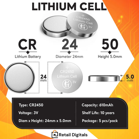 Image of Straight Up Reliable Cr2450 3V Lithium Coin Battery, 24mm diameter, 5mm height, showing details and specifications.