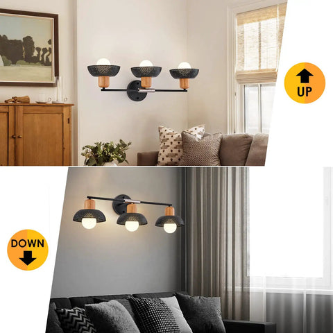 Industrial Three Light Bathroom Vanity Light With Wood Accent And Perforated Pattern Metal Shade, Wall Mount, E26 Base, Matte Black Finish, Dope Modern Farmhouse Vibe For Powder Room Or Hallway