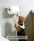 Pet Proof Toilet Paper Holder Cover Fits Mega And Standard Rolls Stops Cats And Dogs From Chewing Pulling Tearing Waste, mounted in bathroom.