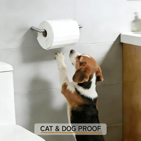 Pet Proof Toilet Paper Holder Cover Fits Mega And Standard Rolls Stops Cats And Dogs From Chewing Pulling Tearing Waste, mounted in bathroom.
