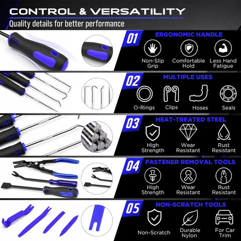 Rugged 17 Piece Pick And Hook Tool Set With Magnetic Pickup Bar Hella Tough Carbon Steel Auto Repair Kit illustrated features.