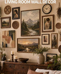 Living room gallery wall decor with framed art, clock, and 270 Piece Picture Hanging Kit With Nails Heavy Duty Hooks Holds 10 To 100 Lbs Assorted Sizes For Gallery Walls Easy DIY Setup No Hassle Trip To The Hardware Store.