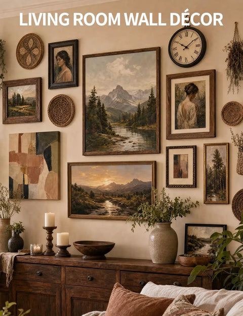 Living room gallery wall decor with framed art, clock, and 270 Piece Picture Hanging Kit With Nails Heavy Duty Hooks Holds 10 To 100 Lbs Assorted Sizes For Gallery Walls Easy DIY Setup No Hassle Trip To The Hardware Store.