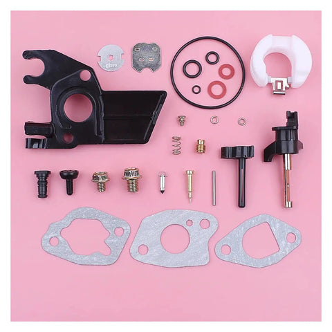 Carburetor Repair Kit For Honda GX110 GX120 GX140 GX160 And Lifan 168 Power Equipment Parts Plug And Play Replacement Set For Durable Performance Smooth Starts Reliable Engine Run Long Lasting. gasket and jets on pink background