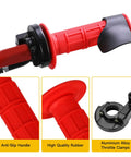 Red seven eighths inch throttle cable and handlebar grips kit for dirt pit bikes and mini bikes with anti-slip handle and clamps.