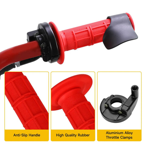 Red seven eighths inch throttle cable and handlebar grips kit for dirt pit bikes and mini bikes with anti-slip handle and clamps.