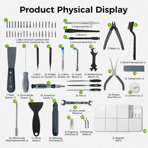 Creality 74-piece 3D printer tools kit, front view; includes spatula, tweezers, pliers, nozzle cleaner.