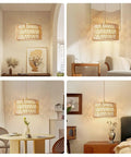 Level Up Your Chill Zone With This Hand Woven Rattan Plug In Pendant Light Farmhouse Hanging Lamp in various room settings.