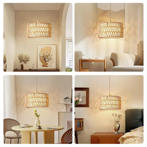 Level Up Your Chill Zone With This Hand Woven Rattan Plug In Pendant Light Farmhouse Hanging Lamp in various room settings.