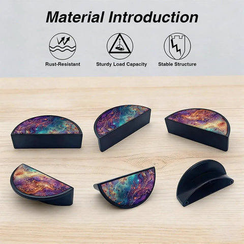 Cosmic Nebula Fluid Marble Cabinet Handles 3 Inch Center Semicircle Drawer Pulls Black Solid Zinc Alloy Hardware shown on wood surface