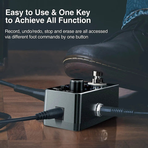 Guitar Looper Pedal For Electric Guitar And Bass With Sync Tuner LED Screen And Unlimited Overdubs, cables connected on floor.