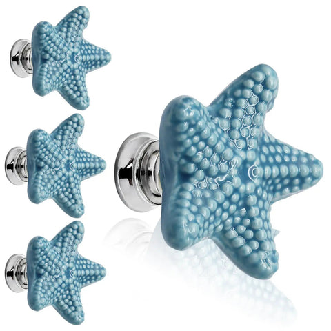 Super Snazzy Coastal Blue Ceramic Starfish Drawer Knobs 4 Pack With Solid Zinc Alloy Mounts For Kitchen Cabinet Makeover Legit Glossy Finish