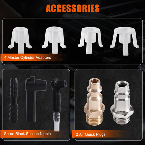Pro Grade Pneumatic Brake Bleeder Kit For Cars Trucks And Motorcycles With Extractor And Refill Bottle includes adapters and plugs