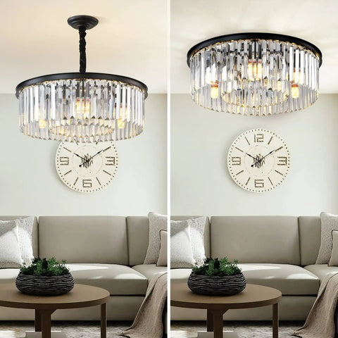 2-Tier Black Modern Crystal Chandelier With 6 Lights, 21.6 Inch Diameter Round Flush Mount above a modern living room sofa.
