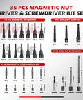 Magnetic Nut Driver Set for Impact Drills, 35 Piece with nut drivers, screwdriver bits, extensions, adapters shown in sizes.