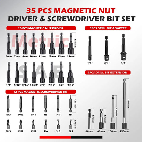 Magnetic Nut Driver Set for Impact Drills, 35 Piece with nut drivers, screwdriver bits, extensions, adapters shown in sizes.