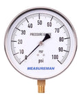 Beefy Stainless Steel Case Contractor Pressure Gauge 0 To 100 PSI With Four And A Half Inch Dial One Percent Accuracy One Quarter Inch NPT