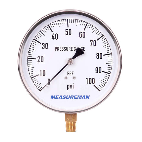 Beefy Stainless Steel Case Contractor Pressure Gauge 0 To 100 PSI With Four And A Half Inch Dial One Percent Accuracy One Quarter Inch NPT
