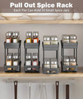 Pull Out Spice Rack Organizer For Cabinets holds thirty jars, 3 pack black double tier design in kitchen pantry.