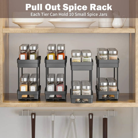 Pull Out Spice Rack Organizer For Cabinets holds thirty jars, 3 pack black double tier design in kitchen pantry.