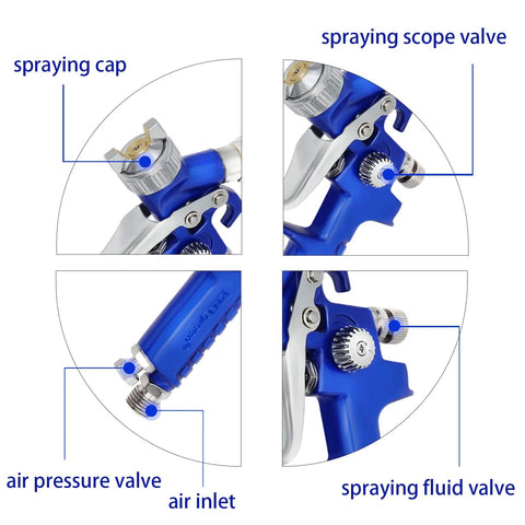 Close-up of Pro Grade Hvlp Air Paint Sprayer With Sharp 0.8 Mm Nozzle showing controls: spraying cap, air inlet, fluid valve.