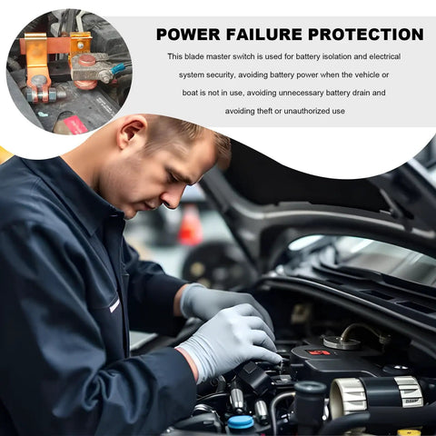 Heavy Duty Knife Blade Battery Cutoff Switch 12V 24V Negative Terminal for Cars RVs and Boats installed in engine compartment.