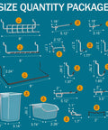 Diagram of Peg Board Kit With Hooks And Bins For Wall Organizer Ideal For Office And Craft Rooms Display Ornaments And Keepsakes Includes Pegboard And Accessories For Easy DIY Storage And Awesome Organization, showing sizes and quantities of hooks and bins.
