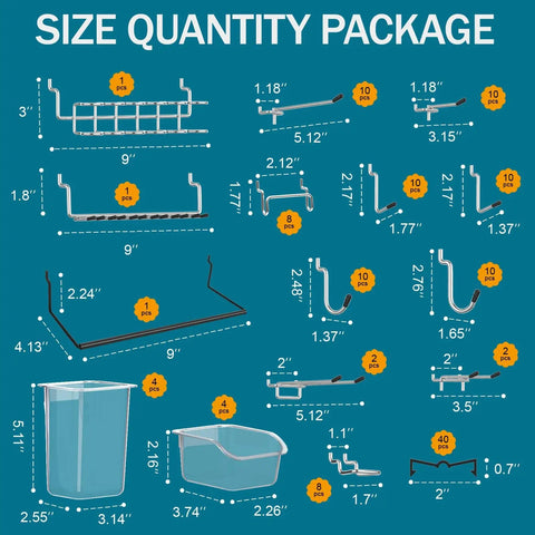 Diagram of Peg Board Kit With Hooks And Bins For Wall Organizer Ideal For Office And Craft Rooms Display Ornaments And Keepsakes Includes Pegboard And Accessories For Easy DIY Storage And Awesome Organization, showing sizes and quantities of hooks and bins.