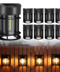 8 Pack Solar Fence Lights Outdoor Waterproof Weatherproof Garden Fence Post Lights For Steps Stair And Backyard No Fuss Auto On Off Dusk To Dawn Energy Saving LED Bulbs With Easy Mount And Long Lasting Illumination displayed against fence