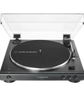 Audio-Technica Black Belt Drive Turntable Features Wireless Bluetooth High Fidelity Stereo Sound Automatic Operation Anti Resonance Die Cast Aluminum Platter Two Speed Settings For Seamless Music Listening Experience top view with dust cover open