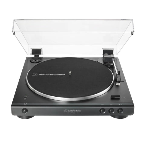 Audio-Technica Black Belt Drive Turntable Features Wireless Bluetooth High Fidelity Stereo Sound Automatic Operation Anti Resonance Die Cast Aluminum Platter Two Speed Settings For Seamless Music Listening Experience top view with dust cover open