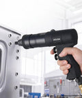 Heavy Duty Pneumatic Rivet Nut Gun Kit With Quick Swap Heads And 20 Mandrels For Auto Repair, Build Rigs Strong On The Job Shop, Fast Install, Industrial Grade Power That Never Slaps, black pneumatic tool on metal panel