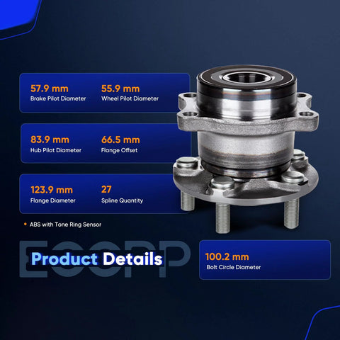 Pair Of Rear Wheel Hub Bearing Assemblies With ABS For Subaru Outback Impreza Forester Legacy 2008 2009 2010 2011 2012 2013 2014 5 Lug 512401 Replacement product details with dimensions displayed