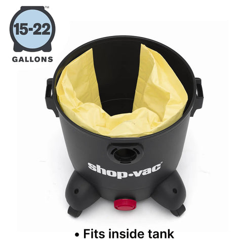 High Efficiency Disposable Filter Bags For 15-22 Gallon Tanks White 2-Pack shown inside black vacuum tank