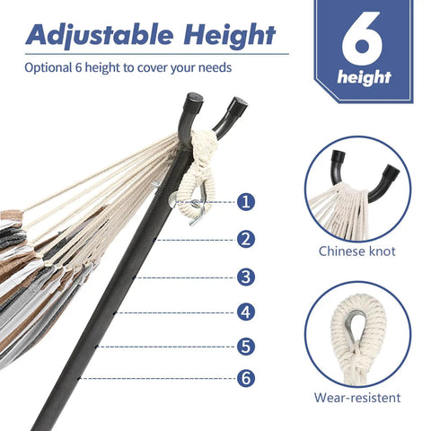 Close-up detail of 550 Pound Capacity Double Hammock With Stand In Desert Stripe Portable Bag Included Ultra Comfortable 60 By 80 Inch Cotton Polyester Bed Easy Setup For Two And Backyard Chill showcasing adjustable height levels and Chinese knot design.