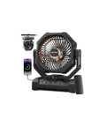 Rechargeable Camping Fan With 60 Hour Battery, 4 Speeds, 3 Light Modes, Timer And Sleep Mode, Portable Tent Fan shown with remote and USB-C charging