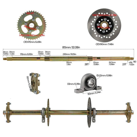 One Inch Go Kart Live Axle Kit For Quad Trike And Golf Cart With 16x8-7 Tubeless Wheels Tires Rim Chain Sprocket And Brake Master Cylinder