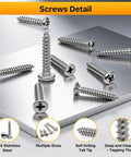 Badass Durable 690 Piece Wood Screw Assortment Kit With 304 Stainless Steel Pan And Flat Head Phillips Fasteners on metal surface.