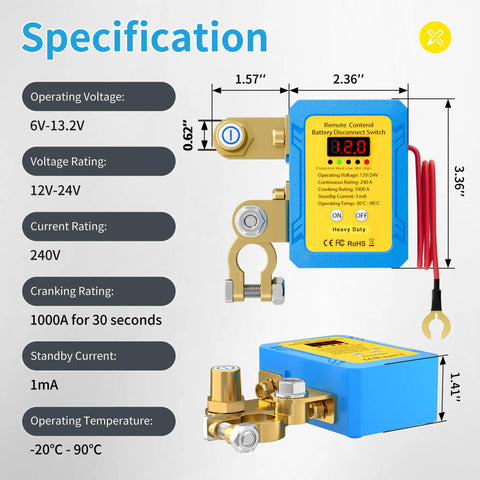 Specifications and design of Heavy Duty 12V Car Kill Switch With Remote Battery Disconnect, 240A Peak, with LED Voltage Display.